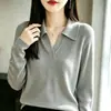 Suéter de punto de manga larga nuevo estilo de primavera, cuello POLO de algodón puro, medio abierto, a rayas, ajustado, moderno, versátil, top adelgazante para mujer