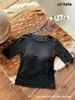 Top Retro de Lunares de Cuello Redondo Versátil de Principios de Otoño con Almohadillas Integradas Manga Corta Camiseta Adelgazante Manga Tres Cuartos Chaleco Pequeño