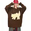 Tricô de Casal Bordado em Veludo com Tema de Gato Retro Americano, Suéter Grosso Solto Estilo Preguiçoso Vintage para Homens e Mulheres