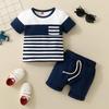 Conjunto de Duas Peças Top de Bolso Listrado Transfronteiriço com Cordão Falso e Shorts Listrados Moda Casual