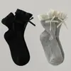 Calcetines para niños para otoño e invierno con bordes rizados y lazos, adecuados para niñas y bebés, estilo Lolita, calcetines de media pantorrilla sin presión