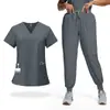 Elástico Secado Rápido 42109 Ropa para Lavar para Hombres y Mujeres Cuello en V Bolsillo Simple Traje de Doctor Enfermera Conjunto de Dos Piezas para Hombres y Mujeres