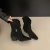 Botas para Otoño e Invierno 2026 Nueva Moda Mujer Tacón Grueso Plegado en V Gamuza Hebilla de Cinturón Retro Botas
