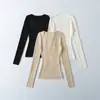 203-26 Outono Estilo Coreano Slim Fit Liso Básico Manga Longa Gola V Tricô Manga Longa Pulôver Camiseta Levemente Transparente