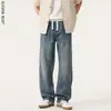 Calça Jeans Reta com Cordão Estilo Retrô Americano para Homens, Jeans Larga Versátil Casual de Alta Qualidade na Moda para Homens