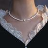 Collar de perlas de agua dulce retro francés, diseño de moda, cadena de clavícula, pieza plana, perla de agua dulce, anillo liso, collar simple