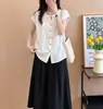 Blusa corta de encaje estilo coreano universitario con cordones y cuello redondo para mujer, nuevo diseño de verano, top único y favorecedor para figuras petite