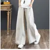 Calça de Sarja de Algodão e Linho de Cor Sólida Wide Leg para Mulheres Plus Size Aparência Emagrecedora Calça de Ráfia Branca Cintura Alta Cordão Gordura mm Calça Solta de Algodão e Linho