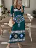 Vestido de Moda Femenina Primavera 2024 Amazon Transfronterizo Estampado de Manga Larga con Cuello en V