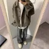 Chaqueta de Ante Corta Ancha Americana para Niños de Primavera y Otoño Chaqueta Biker Retro Estilo de Diseño de Nicho Parte Superior de Perfil Vertical para Hombres