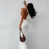Vestido Largo de Moda Transfronterizo 2025 con Cuello en V Espalda Descubierta Sexy con Abertura Alta Vestido Halter Hermosa Espalda Vestido de Punto con Cuello Halter