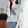 Camiseta de punto Tencel con cuello polo de manga corta para mujer, Top de verano con bloque de color y cinta de seda, Prenda básica holgada de media manga