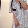 Pijama de Niña Estilo Japonés Cuadros Azules Pingüino Verano Manga Corta Shorts Conjunto de Dos Piezas Ropa de Casa para Dormitorio Estudiantil