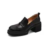 Versão em couro bovino~Sapatos de couro de sola grossa tamanho pequeno para mulheres, salto grosso, plataforma impermeável, salto alto, estilo britânico, mocassins retrô