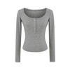 Top Sexy de Lino con Hombros Descubiertos y Mangas Largas para Mujer, Camiseta Base Ajustada de Cuello Henley para Otoño