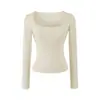 Camiseta Básica de Manga Larga para Mujer, Color Sólido, Elástica, Cuello en U Sexy, Bolsillo, Ajustada, Define la Cintura, para Otoño