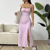 2025 comércio exterior novo Amazon primavera e verão alça de espaguete peito franzido fenda estampa de margarida pequena quadril vestido feminino
