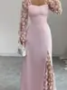 Vestido de Noche de Malla con Mangas Largas para Primavera y Verano con Abertura para Ceñir la Cintura, Vestido de Banquete Largo con Flores Tridimensionales, Ropa para Mujer Europea y Americana