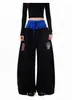 Fabricante Original Retrô Americano Calça de Moletom Patchwork com Letras de Cintura Dupla Unissex Perna Larga Solta Costa Oeste