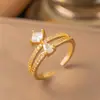 Anillo Abierto Lindo Estilo Coreano con Orejas de Conejo para Mujer, Creativo Pequeño Fresco Anillo para el Dedo Índice con Hoja de Diamante y Bambú