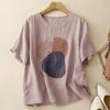 Camiseta de algodón y lino con estampado real para mujer, de manga corta, holgada, adelgazante, estilo retro, informal y elegante, para verano