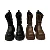 Botas de cuero de 7 cm de suela gruesa para aumentar la altura, para mujeres petite, elegantes y a la moda, con efecto adelgazante, tacón grueso y diseño de botín corto
