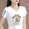Comércio Exterior Transfronteiriço Último Estoque Grande Marca Etiqueta Cortada Manga Curta Camiseta Feminina Verão Solta Casual Petite Decote V Meia Manga