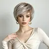 Pelucas de Moda Europeas y Americanas para Mujer de Aliexpress, Cabello Corto Liso, Color Blanco y Marrón Mezclado, Peluca de Cabeza Completa, Venta Directa de Comercio Exterior Transfronterizo