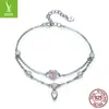 Pulsera de moda europea y americana original con charm de plata para mujer, corazón, plata 925 con circonita rosa incrustada, pulsera de plata SCB090