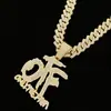 Colar com pingente de letra OTF cravejado de diamantes, estilo hip-hop europeu e americano, para homens, corrente cubana resistente de 14mm, acessório da moda