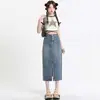Nova Saia Jeans de Verão 2026 para Mulheres, Estilo Coreano Cintura Alta Vintage Solta Emagrecedora Fenda Linha A Comprimento Médio