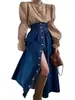 Saia Jeans Longa Feminina de Cintura Alta com Barra Abotoada, Saia Jeans Longa Evasê com Bolsos, Fenda e Botões Múltiplos