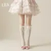 MeiasLolita com Renda na Borda, Meia-Calça, Cor Off-White com Laço Preto, Meias de Rede Vazadas, Meias Curtas JK, Exclusivamente para Exportação Transfronteiriça