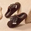 Chinelos de Algodão com Laço Xadrez Retrô Melanóide para Mulheres, Outono/Inverno, Antiderrapantes, Solado Macio, Pelúcia Quente