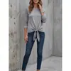 Outono 2026 Roupas Femininas Transfronteiriça Cor Sólida Manga Longa Camiseta Básica Gola Redonda Cadarço na Barra Nó Amarrado Solta Casual Camiseta Feminina