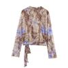Novos Tops de Seda Moda Cruzados de Botão Duplo com Estampa de Renda Estilo Europeu e Americano Roupas Femininas com Temperamento do Sudeste Asiático
