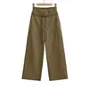 K48-25 Outono Novo Estilo Estilo Americano Personalizado Costura Cintura Dupla Cordão Elástico Lavado Roupa de Trabalho Calças Perna Larga Calças Casuais