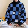 Suéter xadrez costurado masculino gola alta preguiçosa marca de moda solta outono/inverno camisa de apoio em estilo Hong Kong casal peça única cabelo