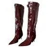 Primer Encuentro Temporada Dos Usos Piel Patentada Color Vino Tinto Tacón Alto Desmontable Botas Largas para Mujer, Otoño/Invierno Elegantes Ajustadas Punta Fina Botines para Mujer