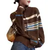 Cárdigan de Punto con Cuello Alto y Rayas Color Block Otoño e Invierno Suéter Abrigo de Manga Larga para Mujer Top Estilo Coreano Cárdigan de Punto para Mujer