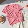 Camiseta de Verano para Niña de Colores Caramelo con Mangas Cortas, Top Rayado de Seda Helada de Estilo Coreano de Moda, Versátil Camiseta de Media Manga para Bebé con Bordes Fruncidos