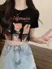 Camiseta Estilo Americano Retro Estampada em Desenho Animado Manga Curta Feminina 2024 Verão Slim Fit Emagrecedor Chique Spice Girls Top Curto Ins
