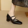 Nuevos Zapatos de Mujer Cuatro Estaciones Casuales de Tacón Bajo Negro de Deslizamiento en el Pie Tacón Cuadrado Zapatos Pequeños de Cuero con Suela Blanda de Tendón de Res Zapatos Individuales para Mujer