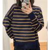 Roupa Masculina e Feminina Japonesa Simples para Outono e Inverno Lã de Ovelha Macia Pulôver Casual Solto Suéter Listrado Suéter de Tricô 464274