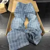 Jeans de cuadros retro de calle para hombre, diseño coreano, pantalones holgados de pierna ancha con caída y cintura elástica
