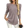 Ropa Nueva Transfronteriza para Mujer 2025 Amazon Camisetas de Manga Larga para Mujer Color Sólido Cuello Redondo Mangas Abullonadas Rayas Laterales Cepilladas