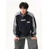 Sudadera con Capucha de Estilo Universitario a Rayas de Peso Pesado para Hombres y Mujeres Otoño Tendencia Marca Bloque de Color Chaqueta Casual Ropa Exterior Cárdigan Suelto Desconstruido