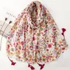Lenço floral colorido estilo floresta com franjas, toque leve de algodão e linho, acessório floral pastoral feminino, xale grande