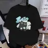 Camiseta de manga curta estilo americano em seda de leite, novo modelo de verão com estampa de gatinho assustador, top de corte solto, versátil e moderno