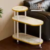 Mesa Lateral Pequena Móvel para Quarto, Mesa de Centro de Madeira de Bambu com Rodinhas, Prateleira de Armazenamento, Mesa de Centro Simples com Padrão de Mármore para Sala de Estar